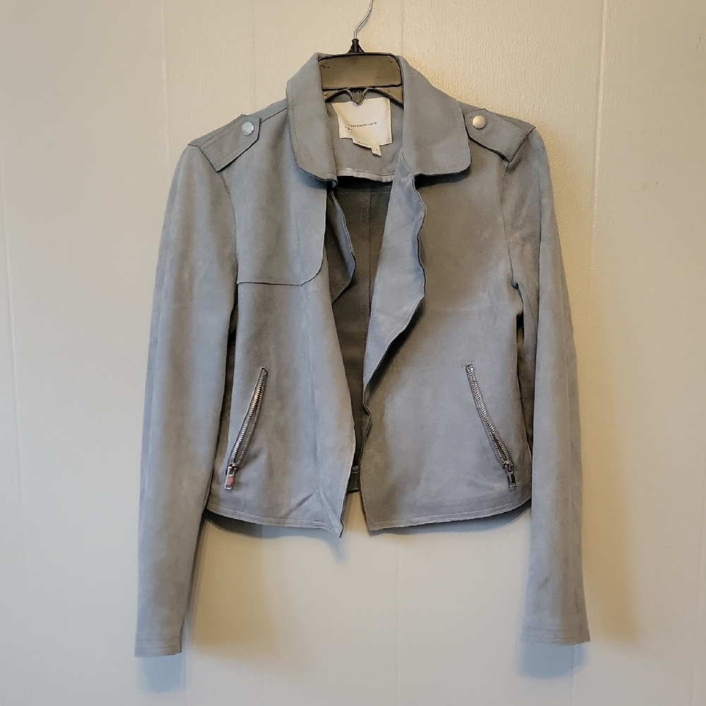Anthropologie Expressway Faux Suede Moto Jacket in a light blue/grey color